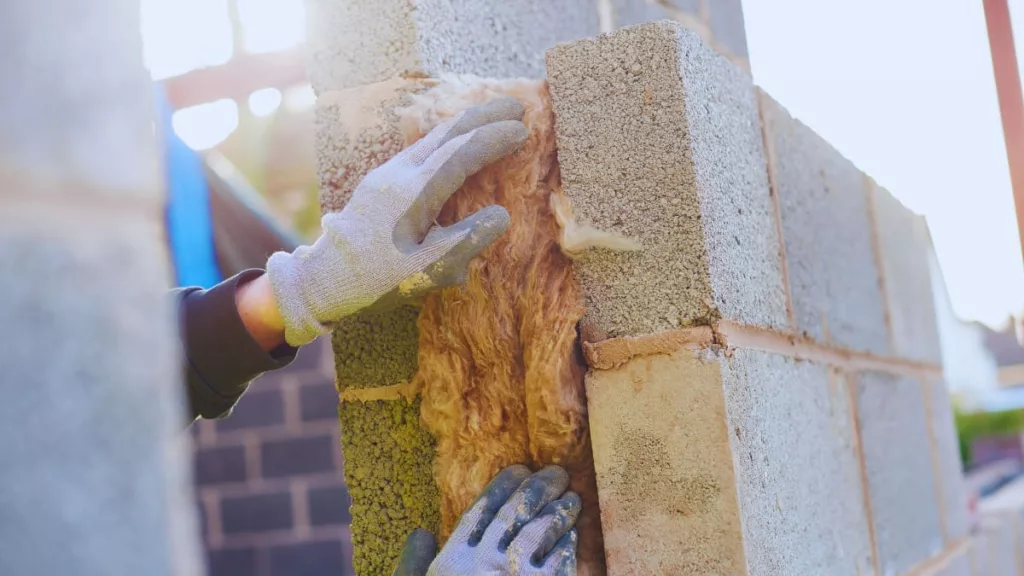 Vakman plaatst glaswol in een spouwmuur voor isolatie