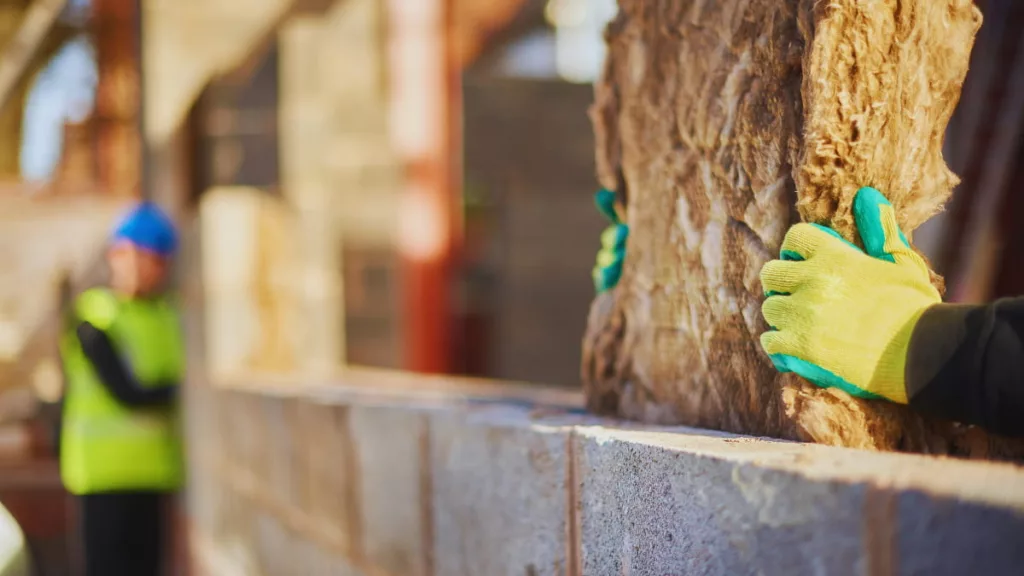 Plaatsing van isolatiemateriaal in een spouw tijdens nieuwbouw om warmteverlies te beperken.
