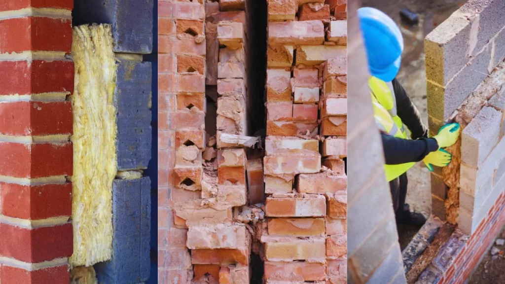 Doorsnede van drie spouwmuren met verschillende opbouwen: links een spouwmuur met isolatiemateriaal, in het midden een beschadigde spouwmuur met gebroken bakstenen, en rechts een bouwvakker die isolatie aanbrengt tussen twee muren.