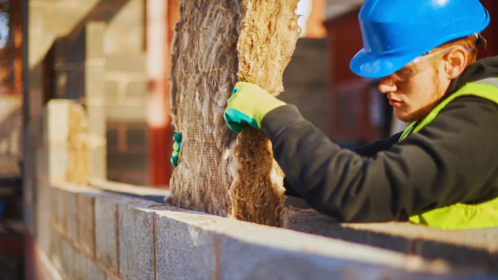 Vakman met veiligheidshelm plaatst glaswol in een spouwmuur tijdens isolatiewerkzaamheden.