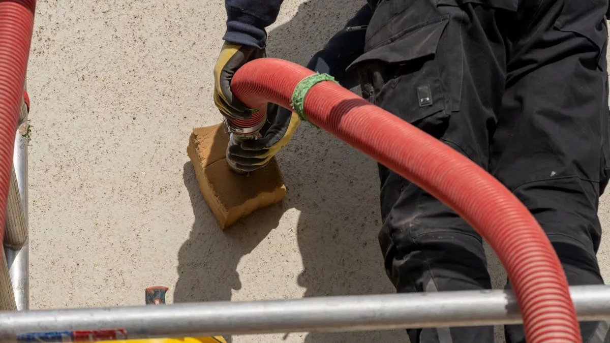 Een isolatiespecialist blaast isolatiemateriaal in de spouwmuur. De expert draagt donkere kleding en beschermende handschoenen. Op de foto zijn een rode slang en een grijze gevel te zien.
