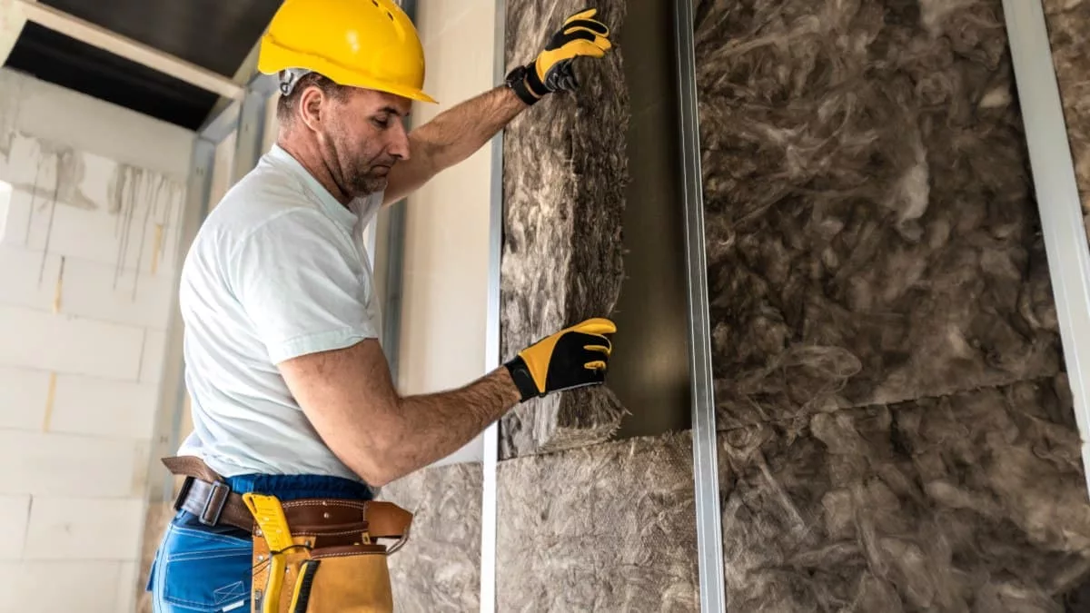 Steenwol isolatie wordt in de muur geplaatst door een specialist